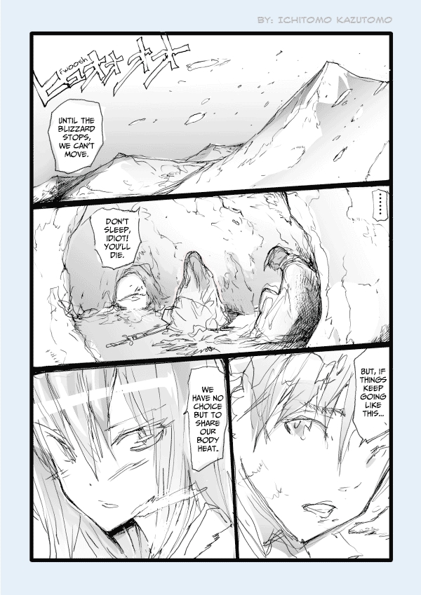 Being stuck in a snowy mountain, the two have no choice but to keep each other warm by sharing body heat. Oneshot